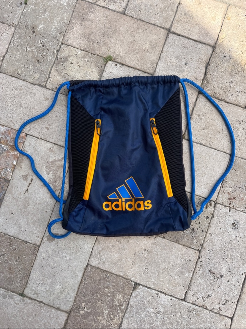 adidas Navy Drawstring Backpack with Yellow Accents